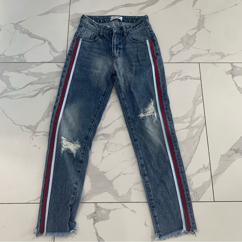 ONE x ONE TEASPOON Jeans Women 24 Red White Tuxedo Stripe High Waist Distressed